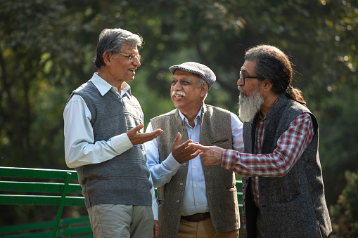 Active senior male friends spending leisure time while standing in garden