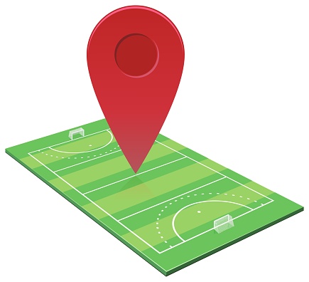 Red map location marker placed on a 3D grass hockey field