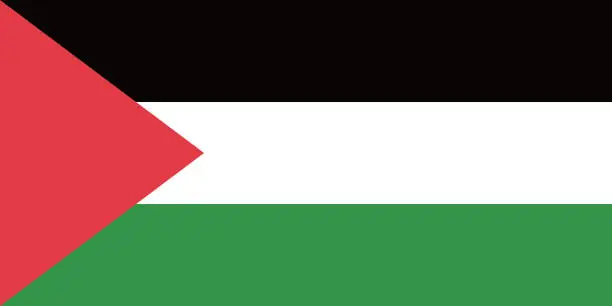 Vector illustration of Palestine flag. The official ratio. Flag icon. Standard color. Standard size. A rectangular flag. Computer illustration. Digital illustration. Vector illustration.