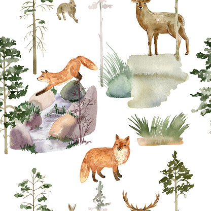 Watercolor seamless pattern with animals and trees for fabric, wrapping paper, etc.