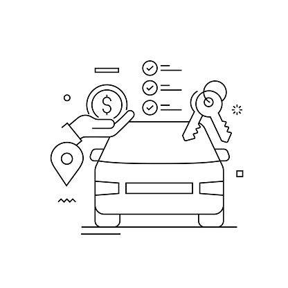 Car Rental Related Design with Line Icons. Simple Outline Symbol Icons. Renting, Daily, Travel, Journey.
