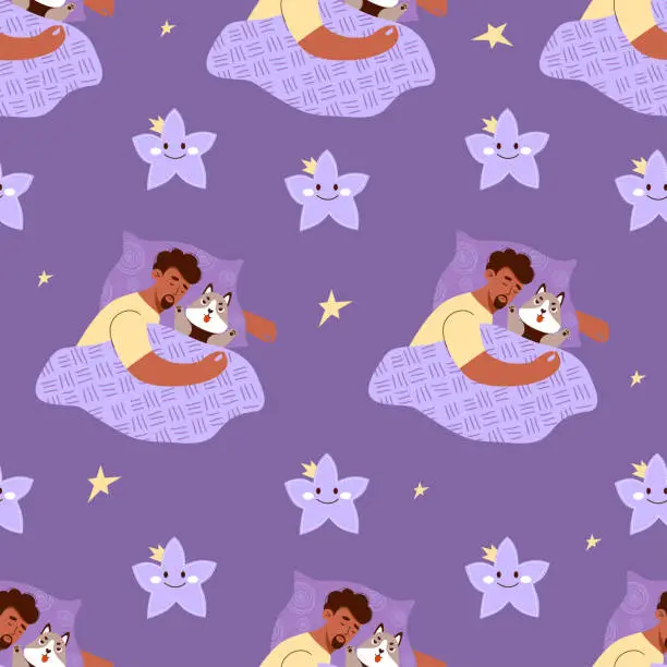 Vector illustration of Seamless pattern with sleeping black ethnic man with plush dog toy on purple background with stars. Vector illustration in flat style for design, wallpaper, packaging, textile.