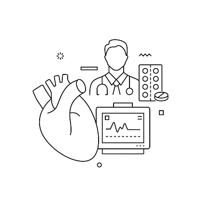 Cardiology Related Design with Line Icons. Simple Outline Symbol Icons. Doctor, Healthcare, Illness, Cardiogram, Heart.