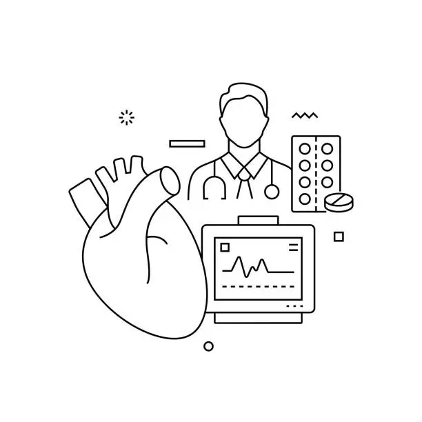 Vector illustration of Cardiology Related Design with Line Icons. Simple Outline Symbol Icons. Doctor, Healthcare, Illness, Cardiogram, Heart.