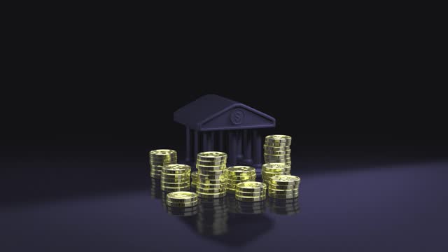 Saving money. Investment concept. stack of coins appearing in front of bank icon.