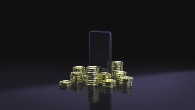 Saving money. Investment concept. stack of coins appearing in front of smartphone.