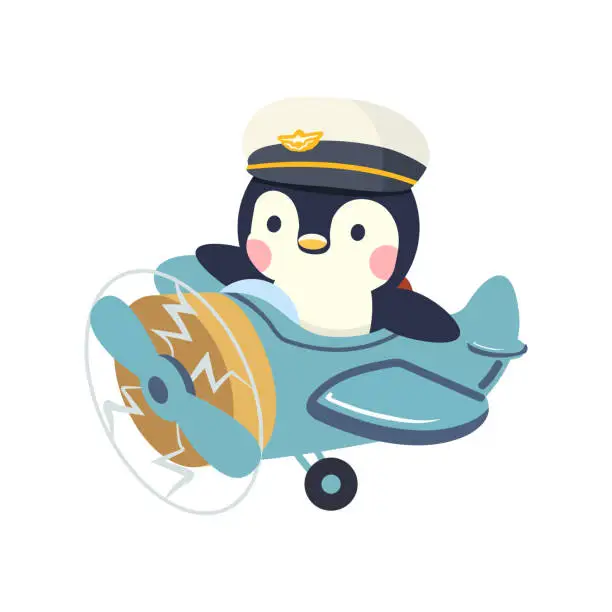 Vector illustration of penguin pilot flying plane cartoon