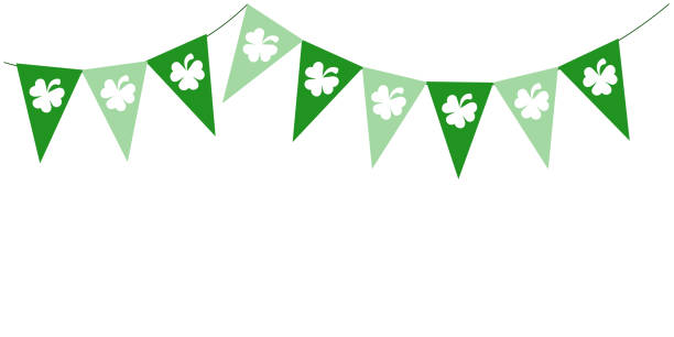 istock St Patrick Day green bunting pennants with clover symbol, flags garland, Irish holiday, panoramic decorative vector illustration garland with shamrocks for greeting card, poster, banner. 1919390163