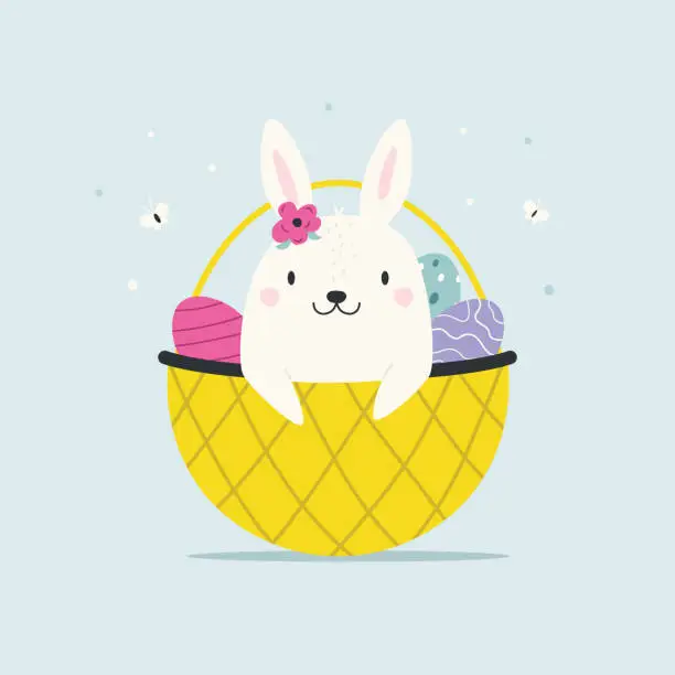 Vector illustration of Easter greeting card with funny rabbit, bunny sitting in a basket with painted, decorated eggs