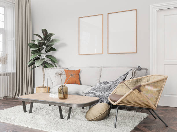 istock Mockup poster empty frame in scandinavian, tropical, rustic, minimal, bohemian, style living room interior, living room interior background, 3d rendering. 1919396573