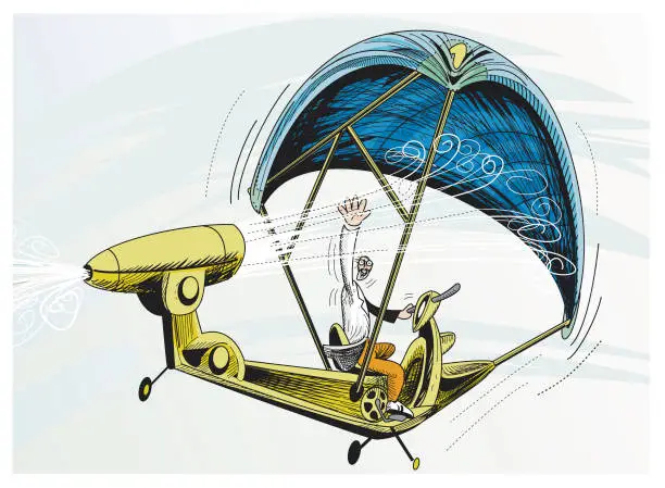 Vector illustration of Imaginary flying vehicle pedal-powered jet-powered hang glider and inventor.