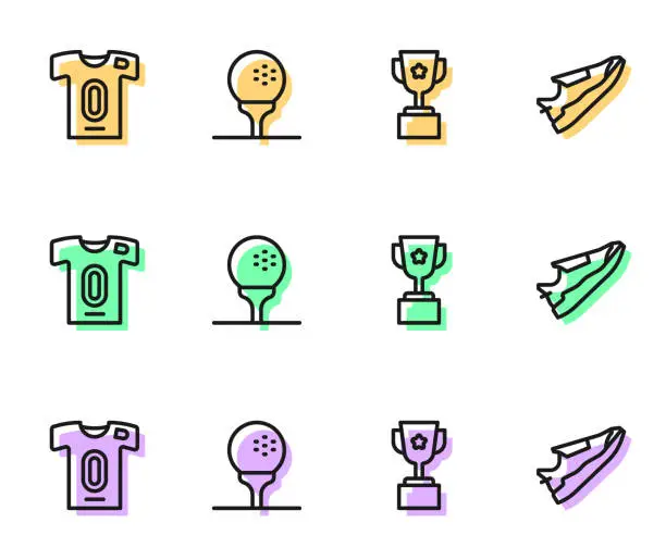 Vector illustration of Set line Award cup, Football jersey and t-shirt, Golf on tee and Fitness sneakers shoes icon. Vector