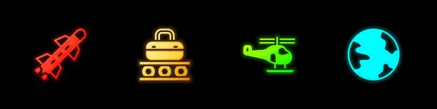 Vector illustration of Set Rocket, Conveyor belt with suitcase, Helicopter and Worldwide icon. Vector