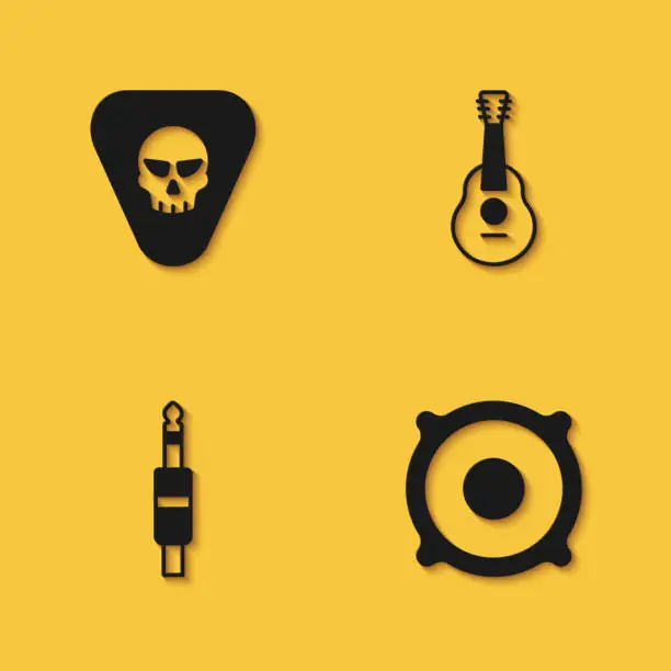 Vector illustration of Set Guitar pick, Stereo speaker, Audio jack and icon with long shadow. Vector