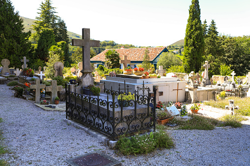 Sare, France- August 11, 2023: The cemetery of the church of Saint-Martin Eglise in the center of Sare village
