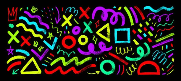 Vector illustration of Colorful fun doodle lines and geometric shapes collection in childish Memphis style.