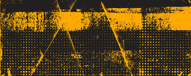 Yellow and black background with dot halftone pattern element and grunge texture. Abstract brush drawn grunge banner. Retro template for your graphic design, banner or poster. Scribbles and scratches.