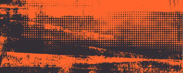 Vector illustration of Orange and black grunge urban background with dry rough texture and halftones pattern.