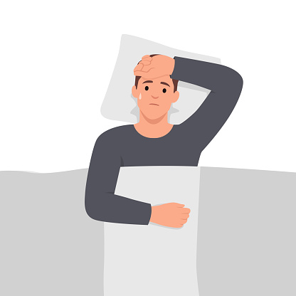 Man lying in bed with flu symptoms. Sweating during sleep.Illustration of the symptoms of profuse night sweats. Cold symptoms. Flat vector illustration isolated on white background