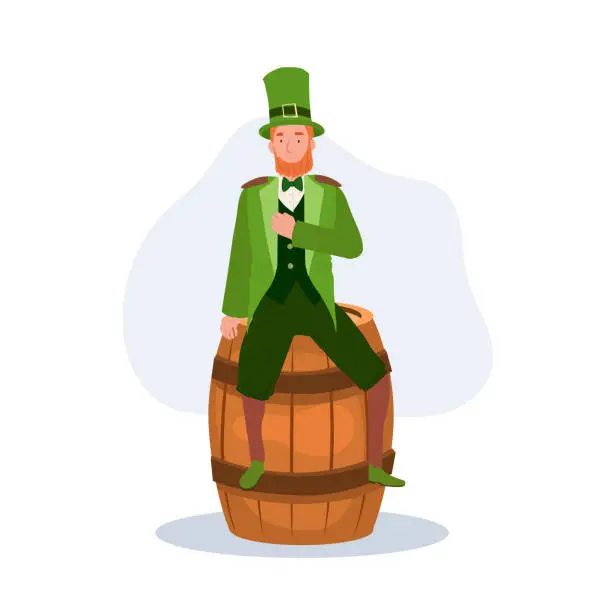 Vector illustration of St Patrick's Day Celebration. man in Leprechaun Costume sitting on oak barrel