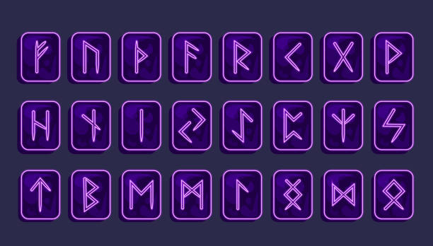 ilustrações de stock, clip art, desenhos animados e ícones de neon scandinavian runes. scandinavian runes carved on stones. stones. magic, runic magic, fortune telling. fehu, uruz, thurisaz, ansuz, raido, kano, gebo, wunjo, hagalaz, nauthis, isa, jer, eihwas, perth, algiz, sowl - fortune telling paranormal neon light prophet