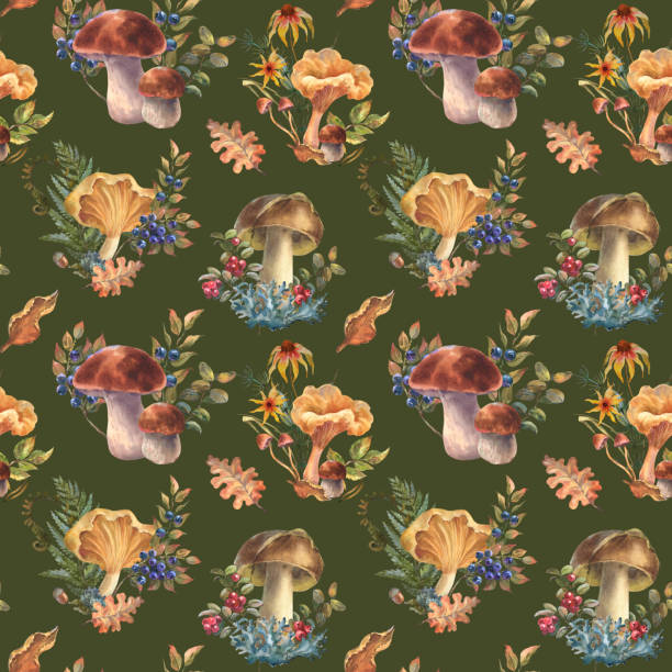 원활한 패턴, 숲 식용 버섯 boletus 및 살구 블루 베리, lingonberries, 가을 잎, 나뭇 가지 및 꽃. 수채화 그림, 손으로 그렸습니다. 녹색 배경에 - timberland stock illustrations