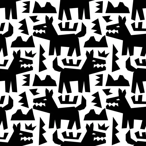 Vector illustration of Wolf monochrome seamless pattern