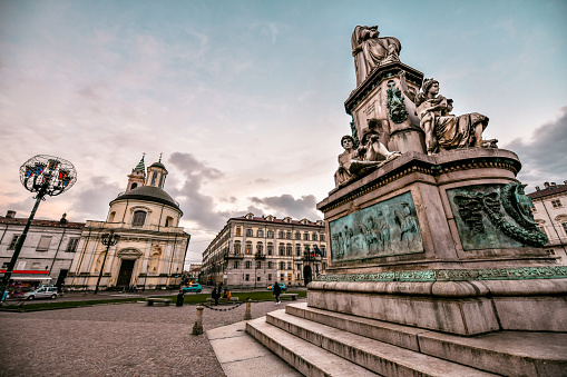 Close Up To Monument To Camillo Benso And Chiesa della Santa Croce At Piazza Carlo Emanuele II In Turin, Italy