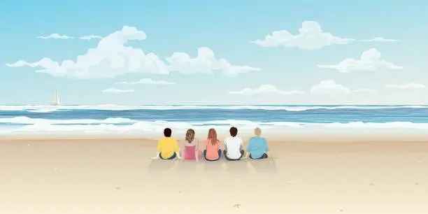 Vector illustration of Group of friends sitting together on the beach with blue sky background vector illustration. Friend's travelling concept have blank space.