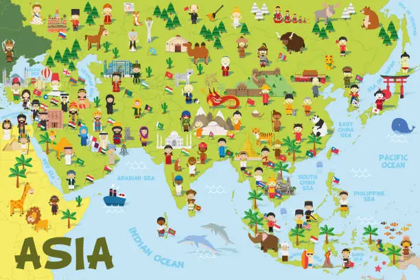 Vector illustration of Funny cartoon map of Asia with childrens of different nationalities, representative monuments, animals and objects of all the countries. Vector illustration for preschool education and kids design.