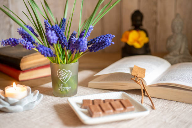 Grape Hyacinth Bouquet with Spring Flowers, Buddha and Deco