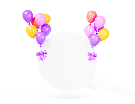 White speech bubble flying on bundles of colorful balloons 3d render. Chat icon for happy message, text, dialog. Blank round birthday banner frame for celebratory party, holiday sale. 3D illustration