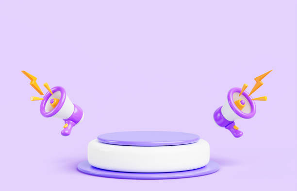 istock 3d render podium display with megaphone speaker or loudspeaker bullhorn on purple background. Blank stage, platform for digital marketing, online news, social media promotion banner 1919498071