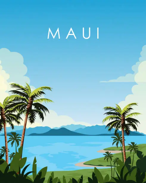 Vector illustration of Maui travel poster, vertical banner, postcard