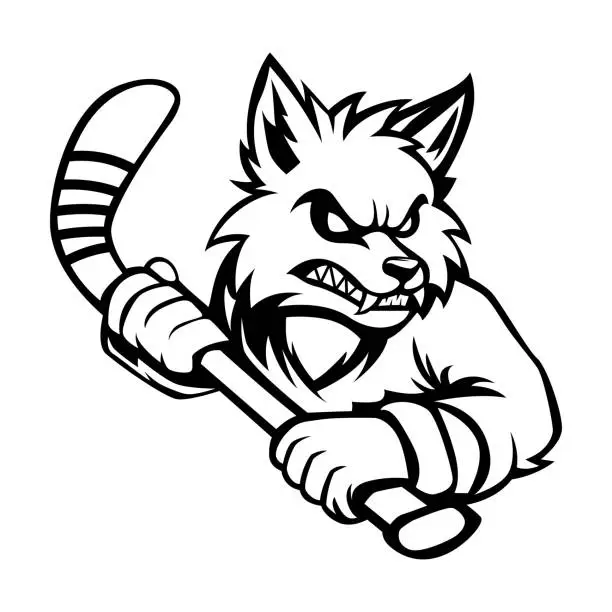 Vector illustration of Angry fox. hockey team logo. Fox mascot, emblem of a fox on a white background. Fox vector illustration. Black-and-white version