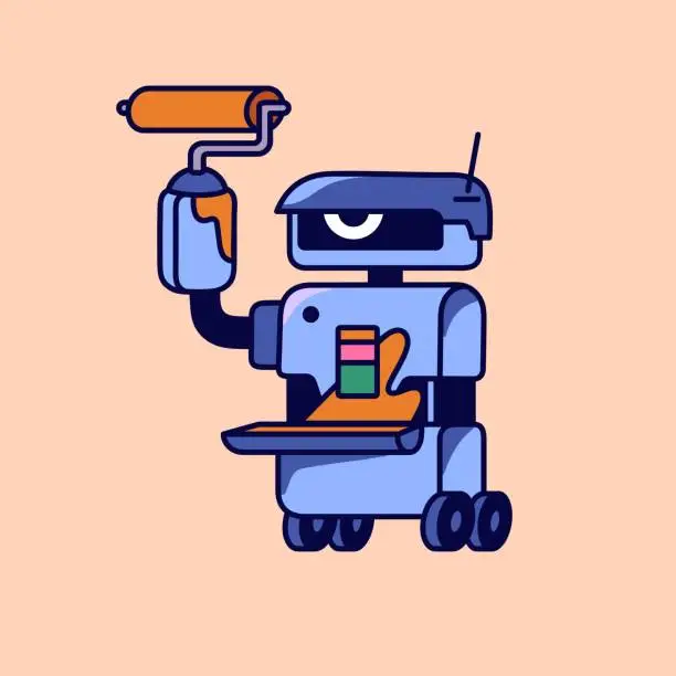 Vector illustration of Robot with paint roller repairs, painting wall. Bot artist drawing artwork. Cyborg painter, AI designer create digital interface, UI design. Web reconstruction. Flat isolated vector illustration