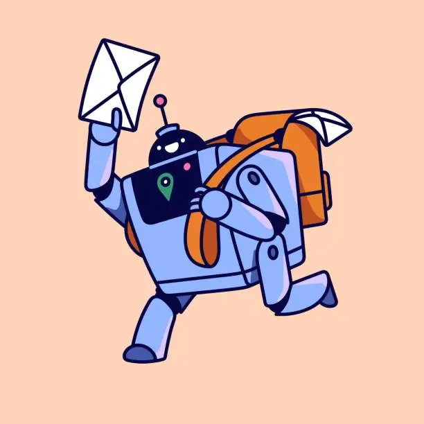 Vector illustration of Digital delivery service. Communication by email. Robot postman, machine courier running, hold letter in hand. Messenger bot with backpack of mails, correspondence. Flat isolated vector illustration