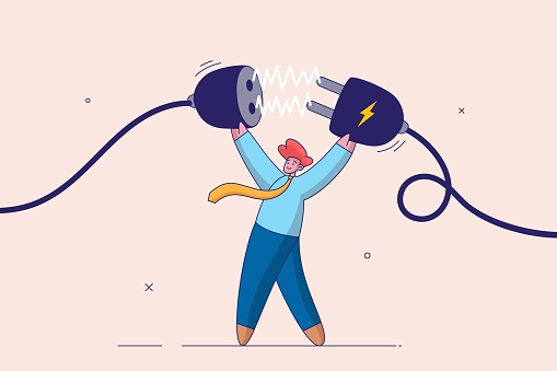 Business continuity concept. Energy recharge or connecting people to advance or surpass work difficulty concept, businessman manager connecting power cord to continue business