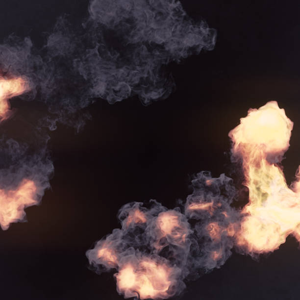 istock Fire explosions with smoke trails on dark background. Abstract digital illustration. 3d rendering 1919517049