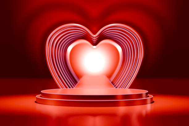 istock 3D rendering of the red spherical platform displaying a product against a heart-shaped tunnel light backdrop for the Valentines promotion event. 1919522455