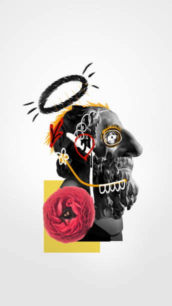 Antique statue bust with big nose and colorful abstract doodles, design elements over white background. Contemporary art collage.