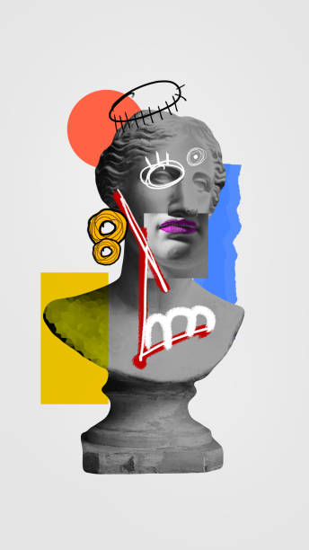 istock Black and white antique statue bust, plaster sculpture with doodles over white background. Contemporary art collage. 1919526193
