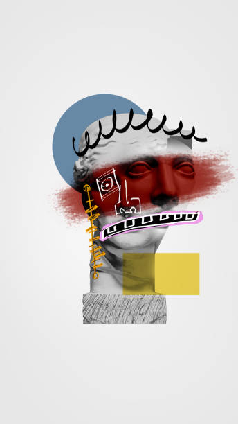 istock Diversity. Antique statue bust with two faces, doddles and colorful elements over white background. Contemporary art collage. 1919526204