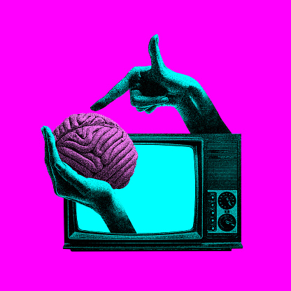 Retro tv set and human hand holding brain against pink background. Manipulation and propaganda. Contemporary art collage. Concept of y2k style, creativity, surrealism, abstract art, imagination.