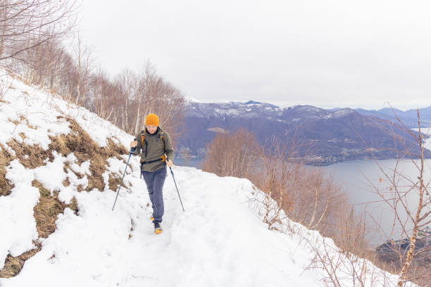 Hiking in winter surrounded by snow