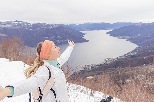 Hiking in winter surrounded by snow