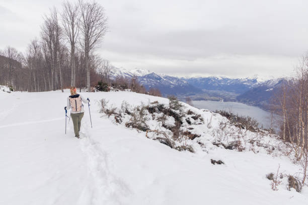 Hiking in winter surrounded by snow