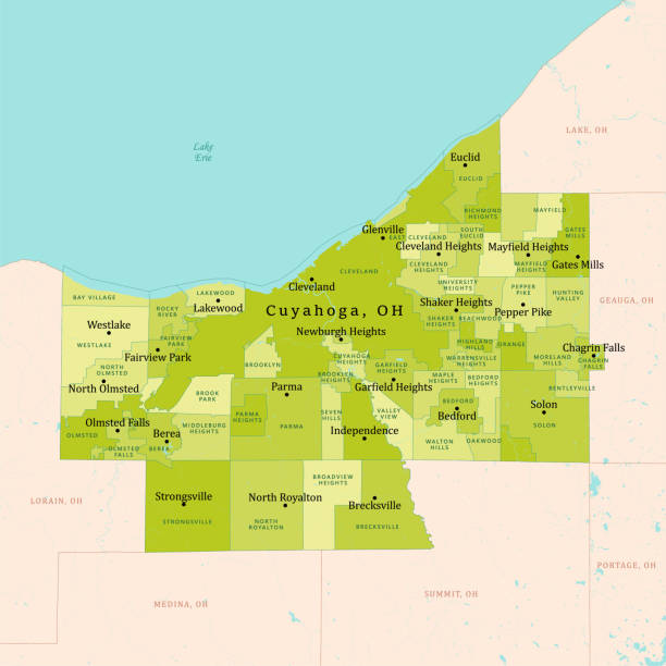 oh cuyahoga county vektorkarte grün - ohio map county cartography stock-grafiken, -clipart, -cartoons und -symbole