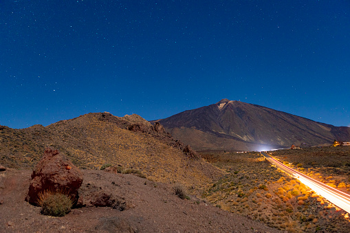 Canary Island Tenerife landmark, Teide's national park. Night shoot with the stars in the sky. \n\nEl Mirador de los Azulejos