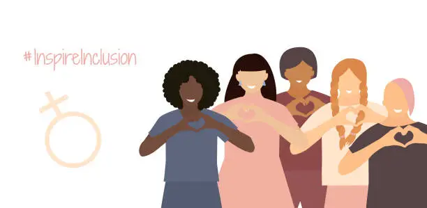 Vector illustration of Campaign 2024 #inspireinclusion. Conceptual celebration of International Women's Day. March 8. Card, template with heart shaped fingers